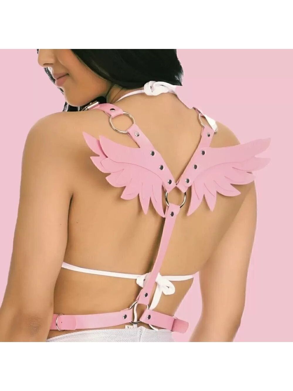Pink Leather Harness Angel Wing Garter Belt Waistband Slave Fetish Bondage BDSM